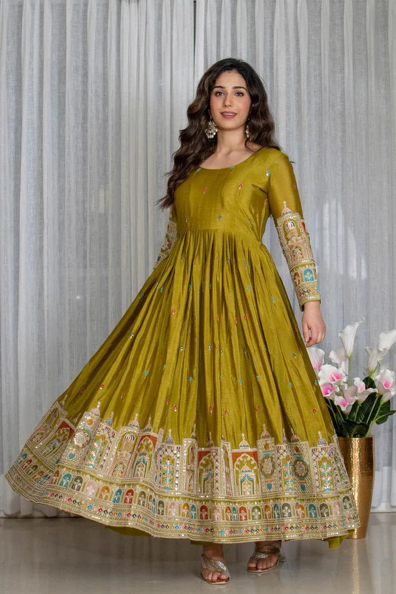Olive Green Embroidered Anarkali Suit Set with Dupatta
