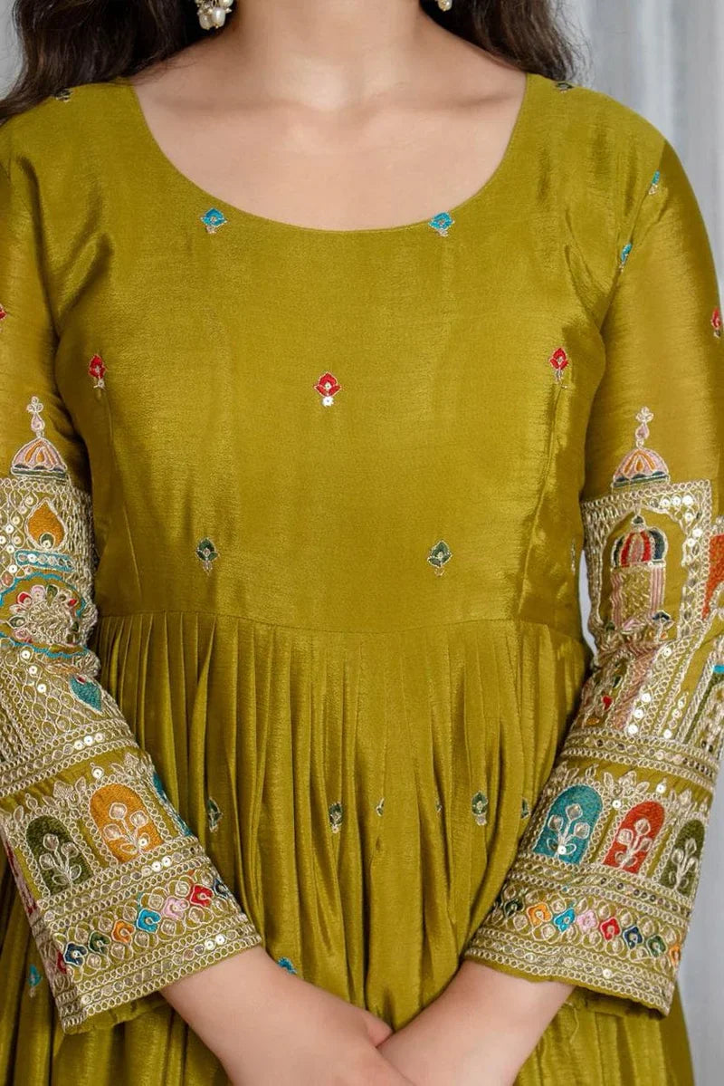 Olive Green Embroidered Anarkali Suit Set with Dupatta