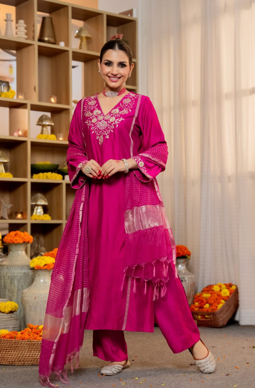Magenta / Rani Pink Embroidered Kurta Pant Set with Dupatta