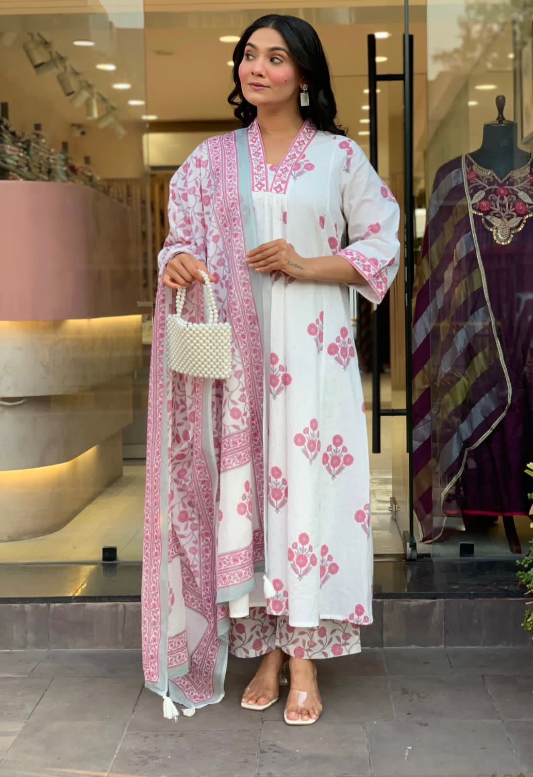 Elegant White & Pink Floral Printed Anarkali Suit Set with Dupatta