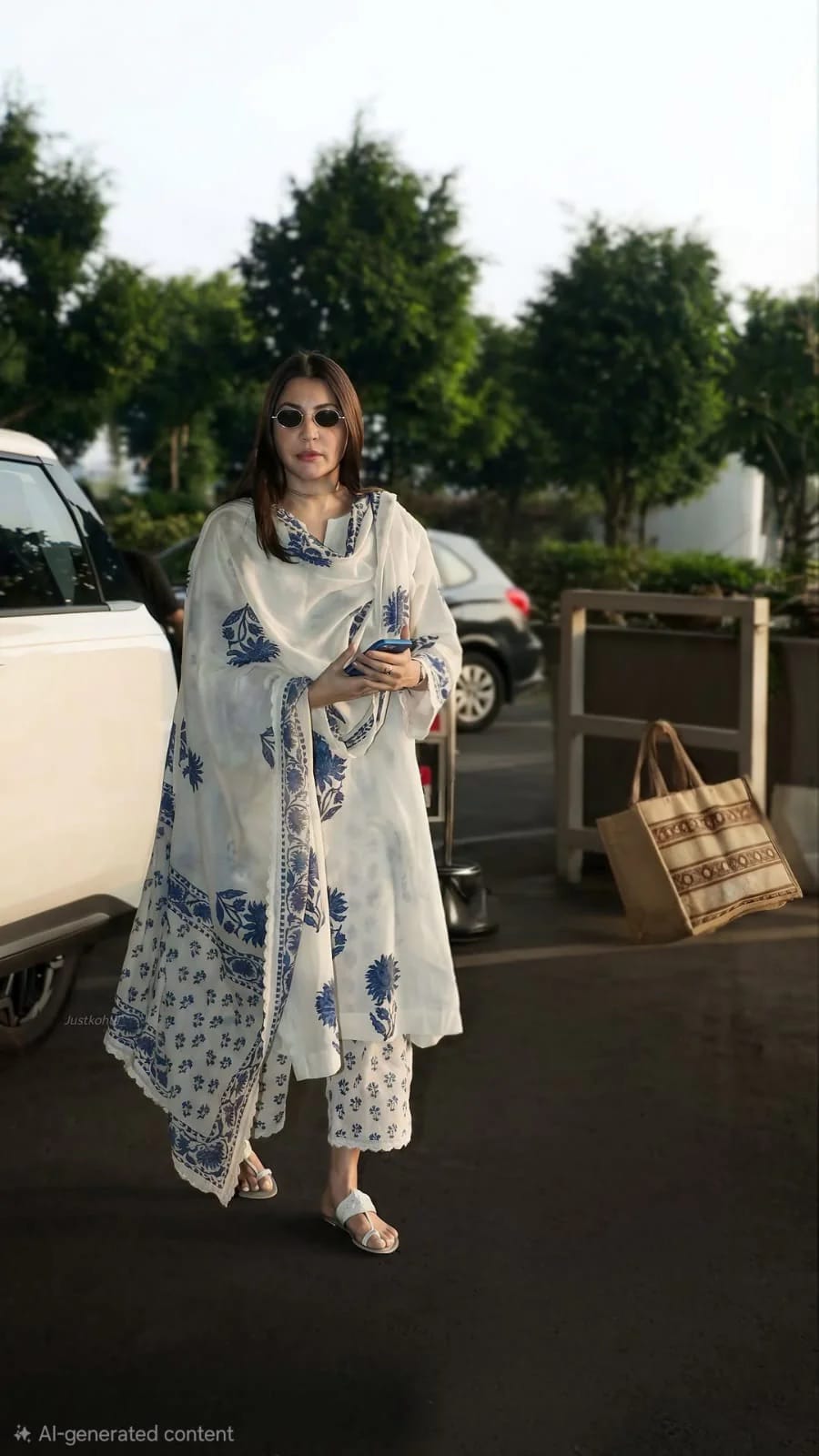 Elegant White & Blue Floral Printed Kurta Set with Dupatta