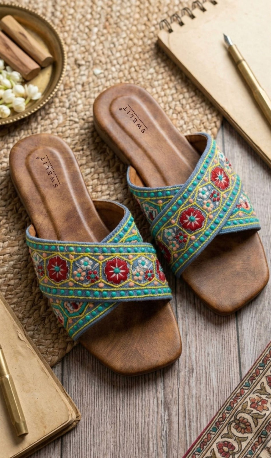 Women's Multicolor Embroidered Cross Strap Slide Sandals