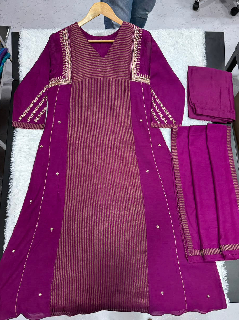 Women's Premium Deep Purple Embroidered Straight Kurta Set with Dupatta & Potli Bag