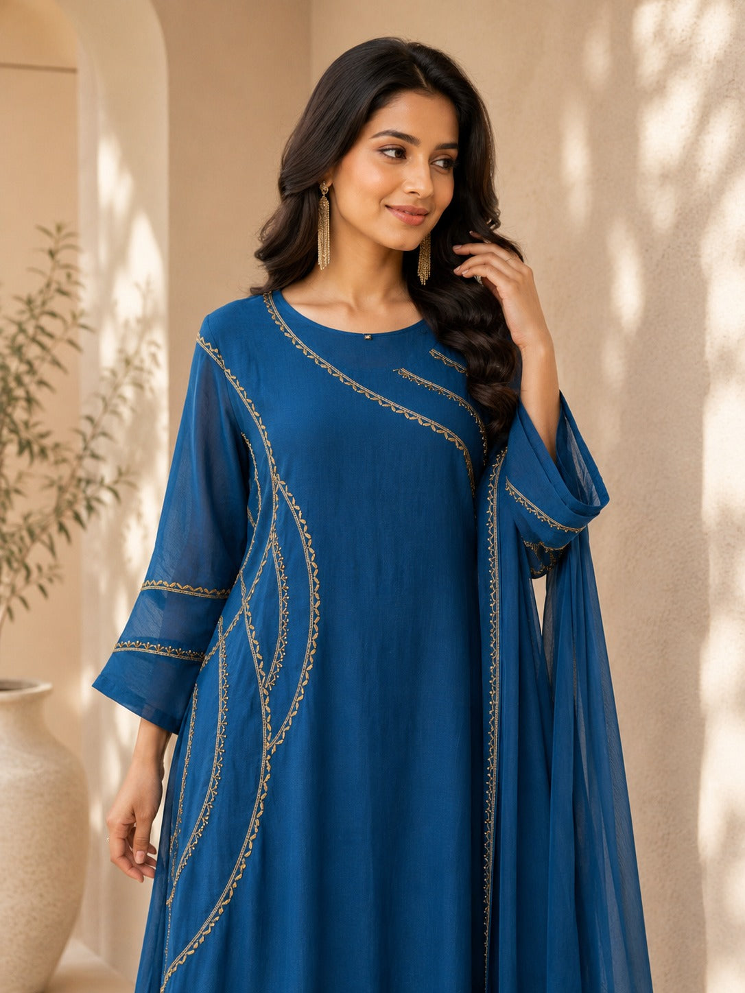 Women's Royal Blue Designer Lace Work Anarkali Suit Set