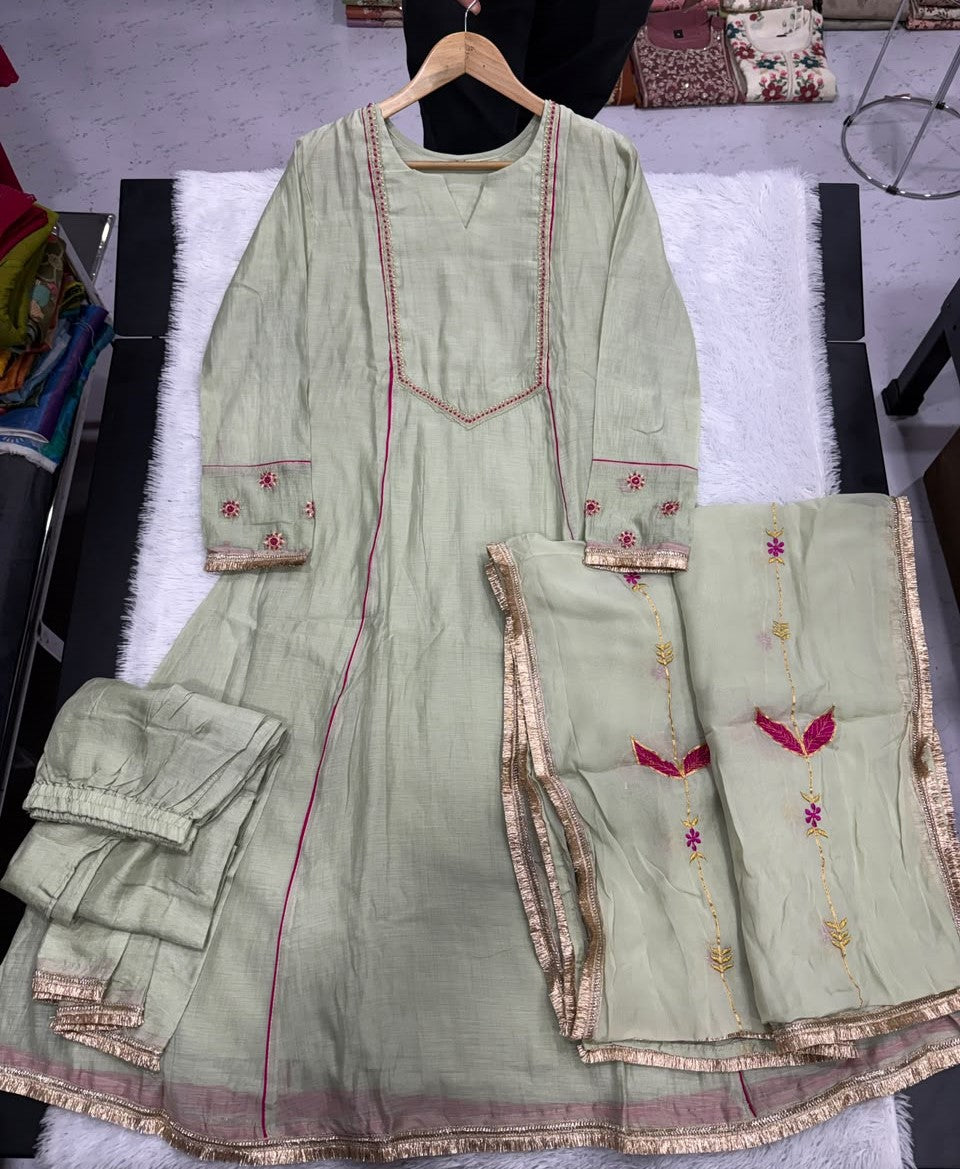 Sage Green Chanderi Anarkali Suit Set