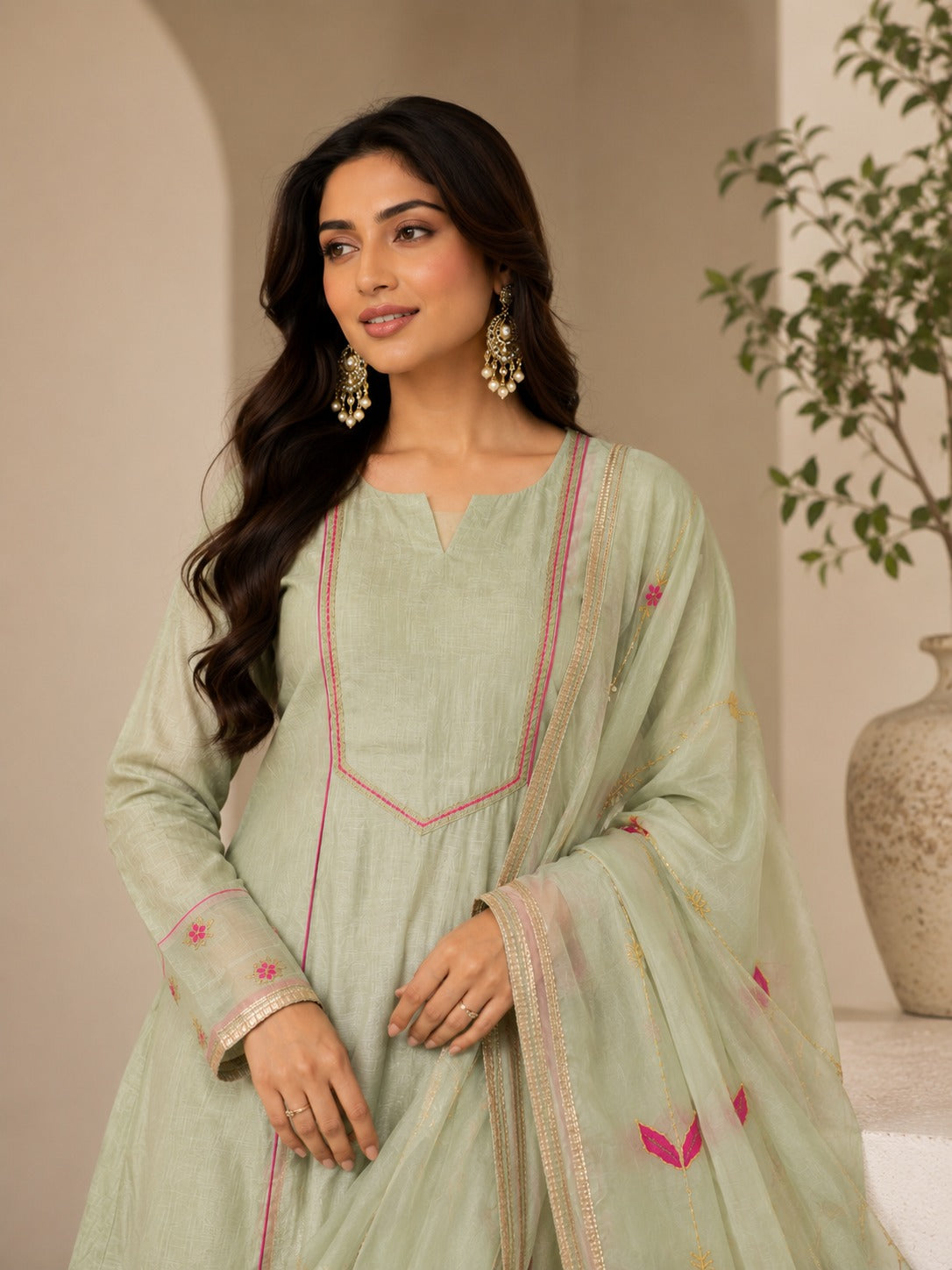 Sage Green Chanderi Anarkali Suit Set