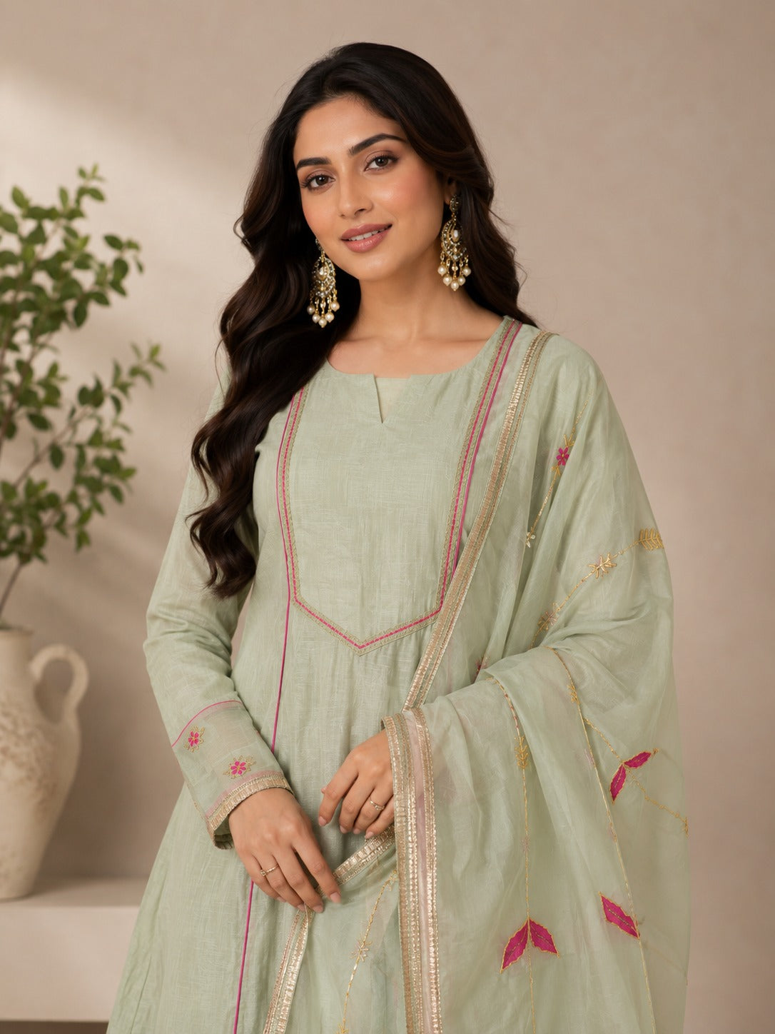 Sage Green Chanderi Anarkali Suit Set