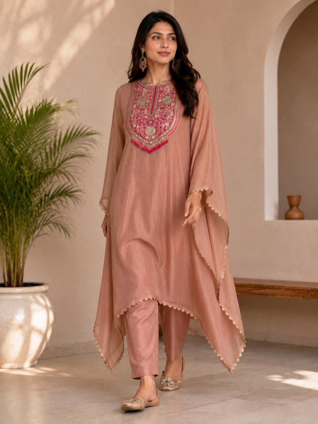 Dusty Rose Embroidered Tissue Silk Kaftan Set