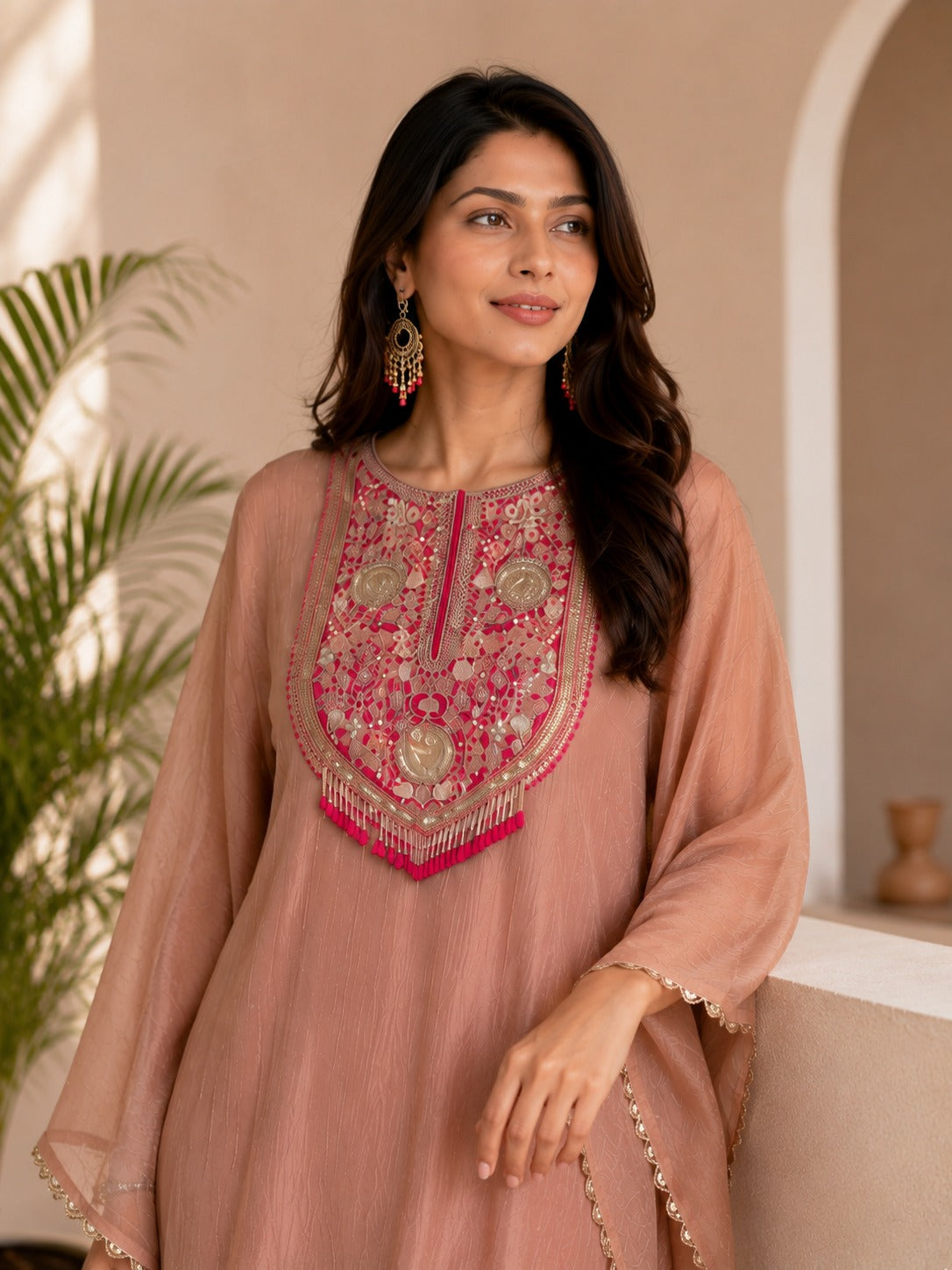 Dusty Rose Embroidered Tissue Silk Kaftan Set