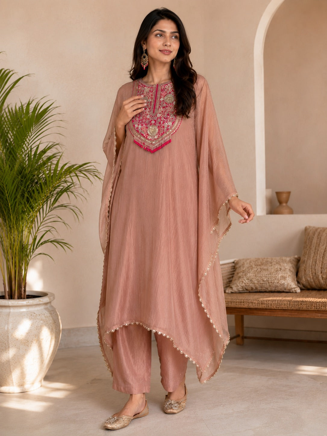Dusty Rose Embroidered Tissue Silk Kaftan Set