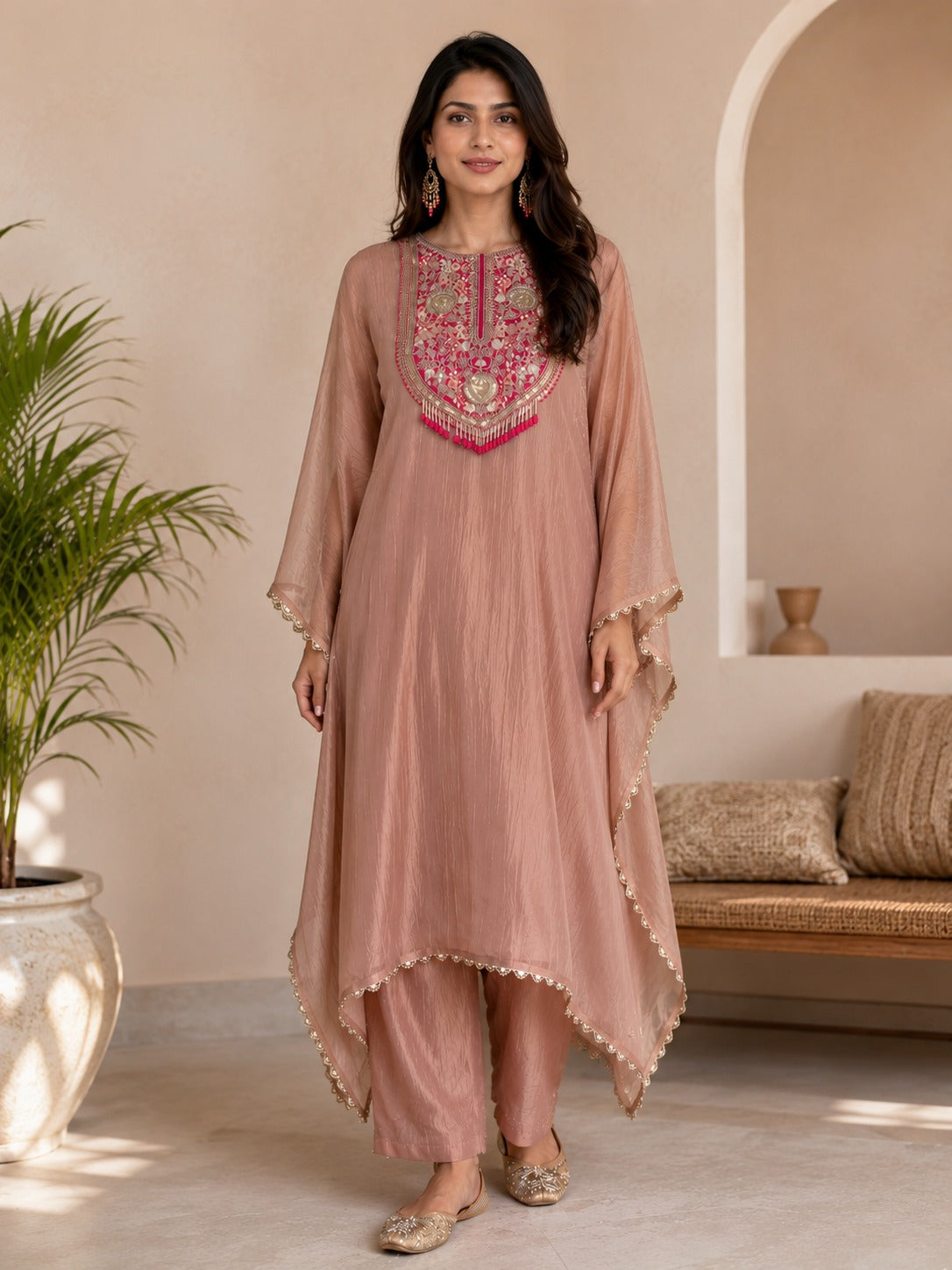 Dusty Rose Embroidered Tissue Silk Kaftan Set