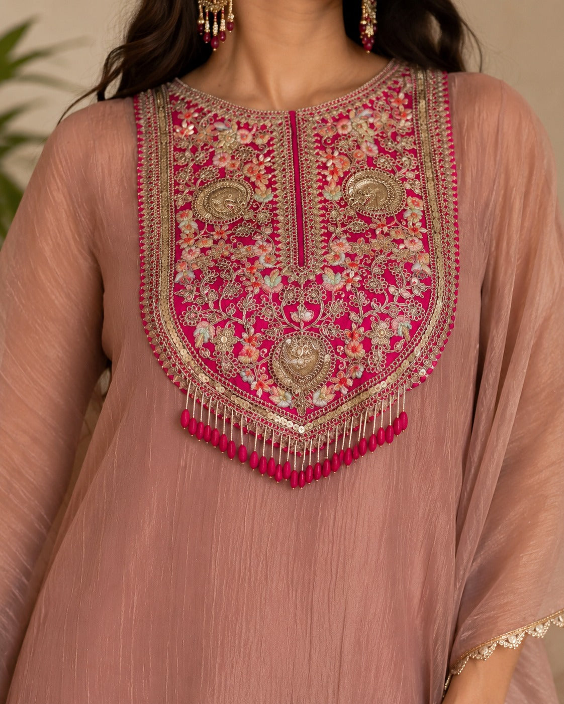 Dusty Rose Embroidered Tissue Silk Kaftan Set