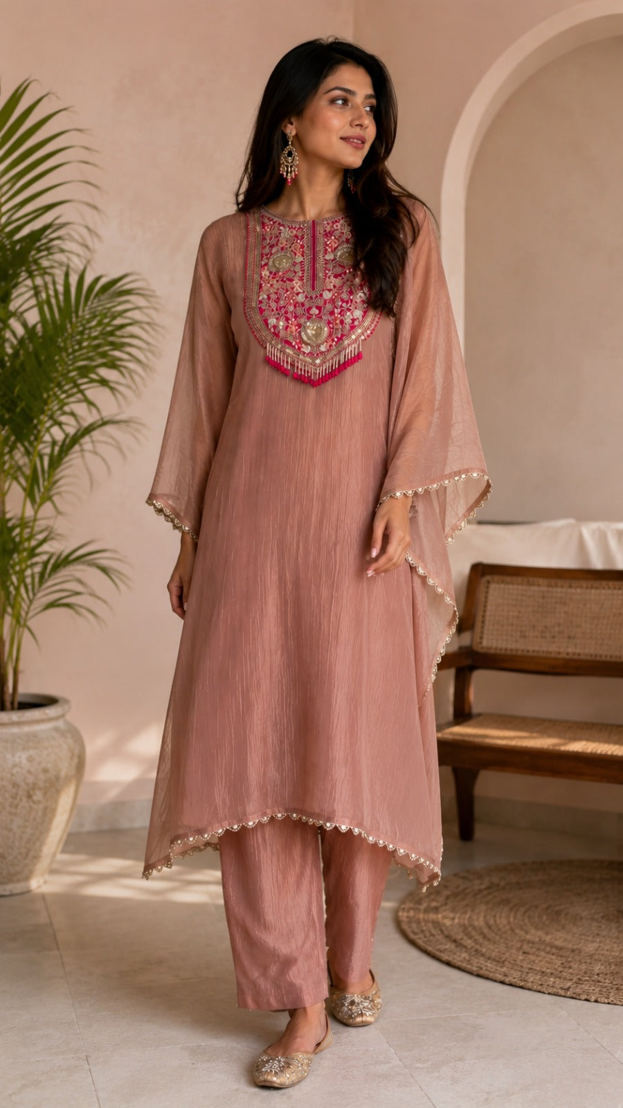 Dusty Rose Embroidered Tissue Silk Kaftan Set