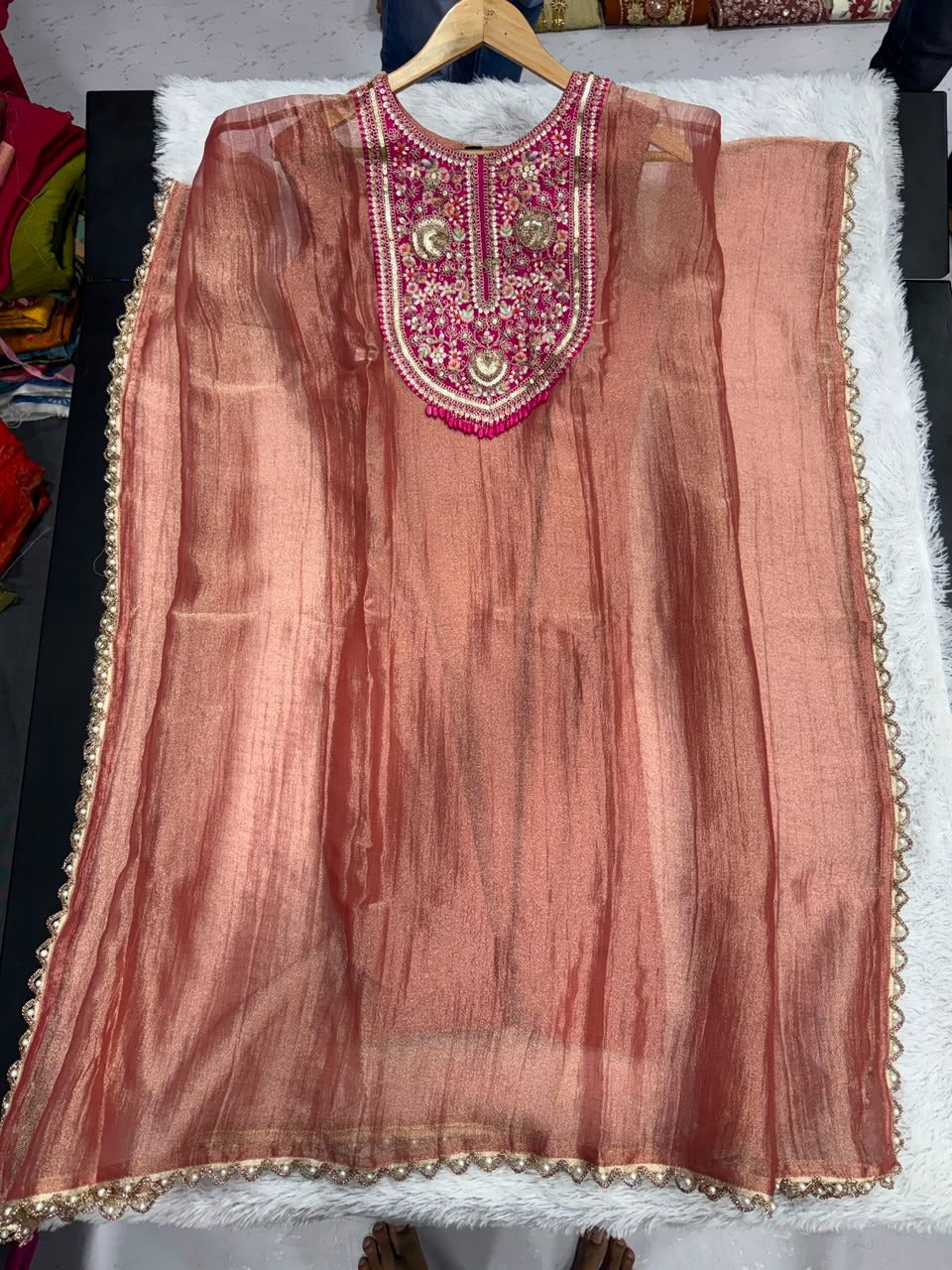 Dusty Rose Embroidered Tissue Silk Kaftan Set