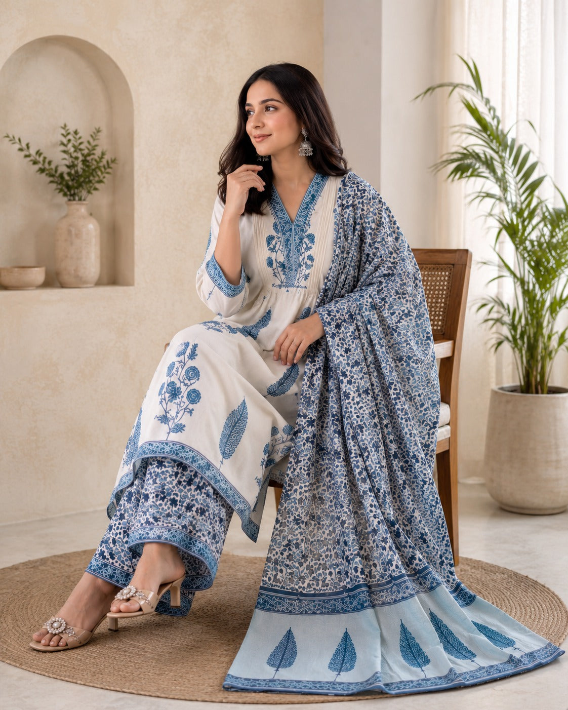 Ivory & Blue Floral Printed Kurta Set with Matching Dupatta