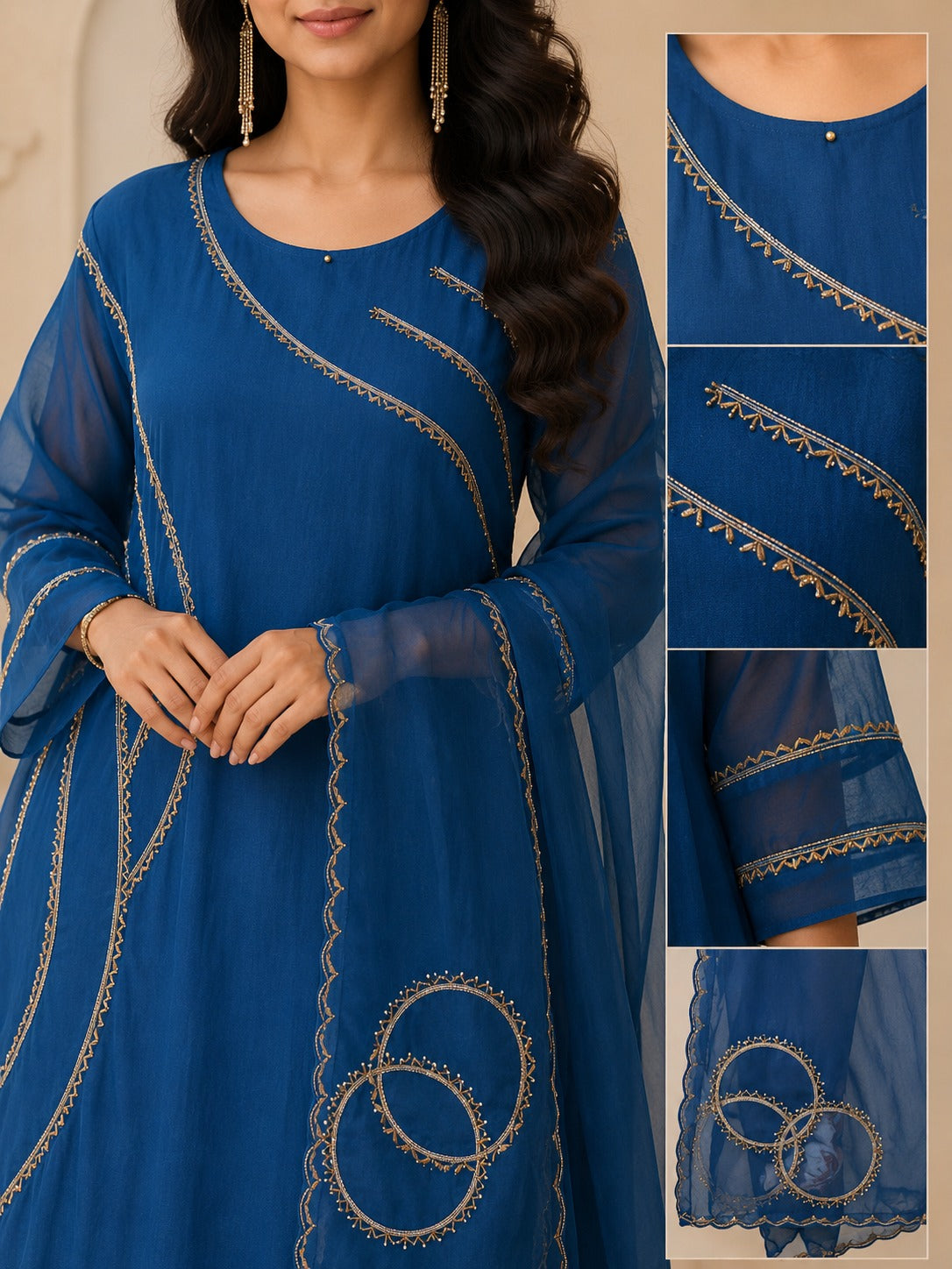 Women's Royal Blue Designer Lace Work Anarkali Suit Set