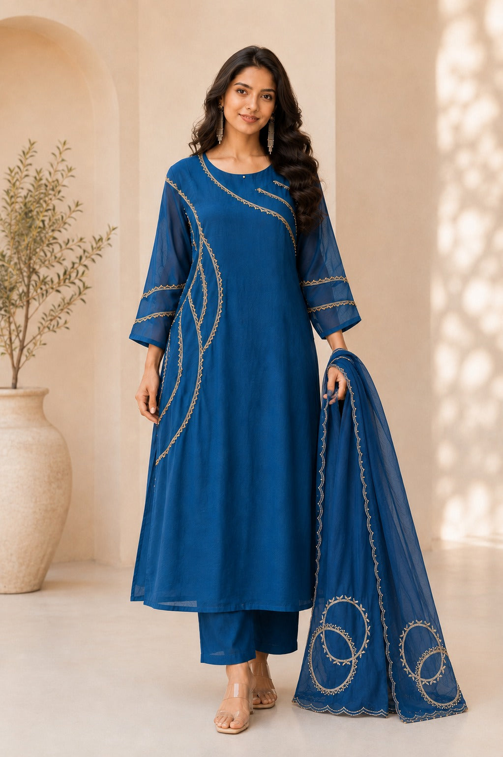 Women's Royal Blue Designer Lace Work Anarkali Suit Set