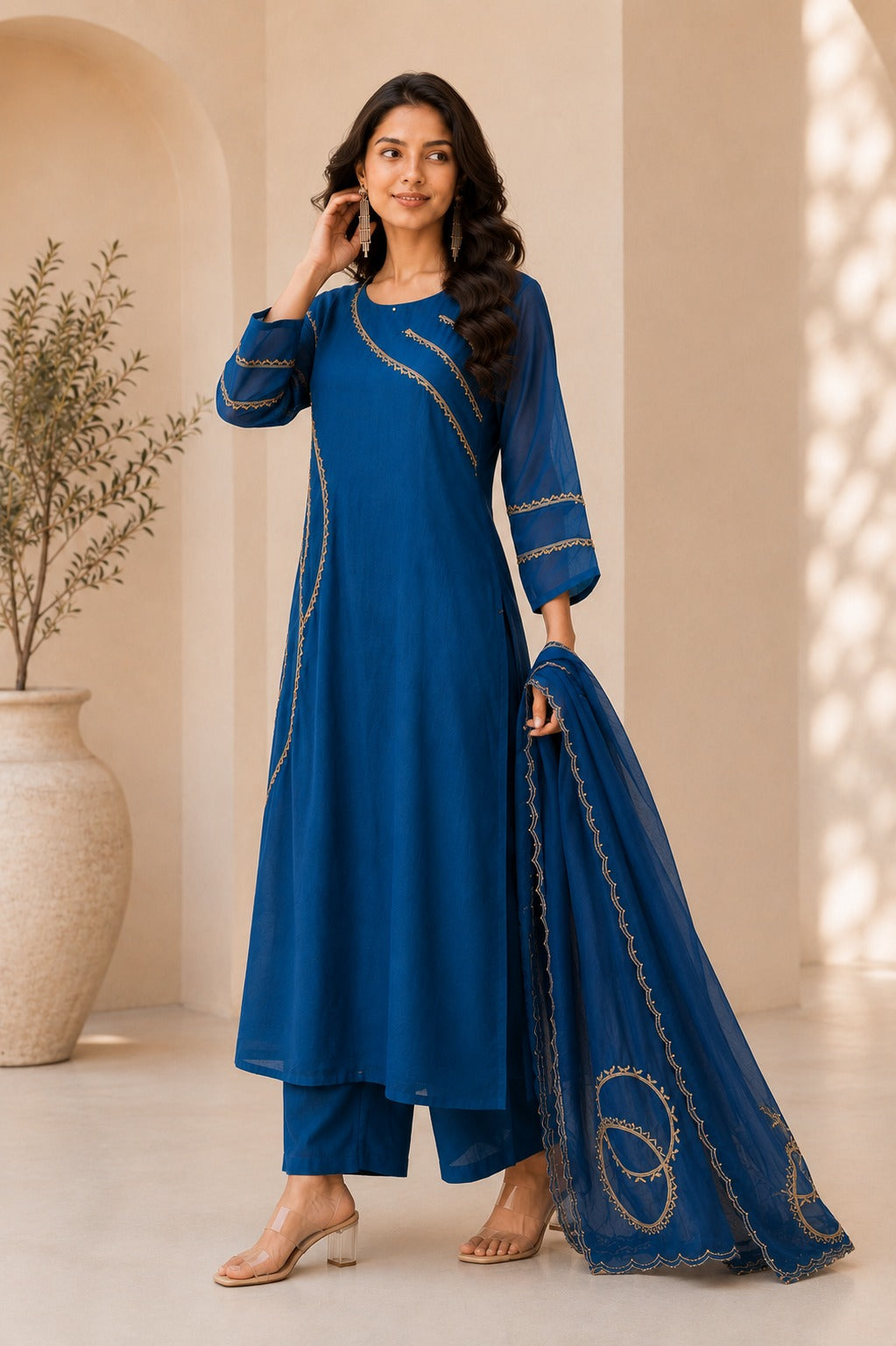 Women's Royal Blue Designer Lace Work Anarkali Suit Set