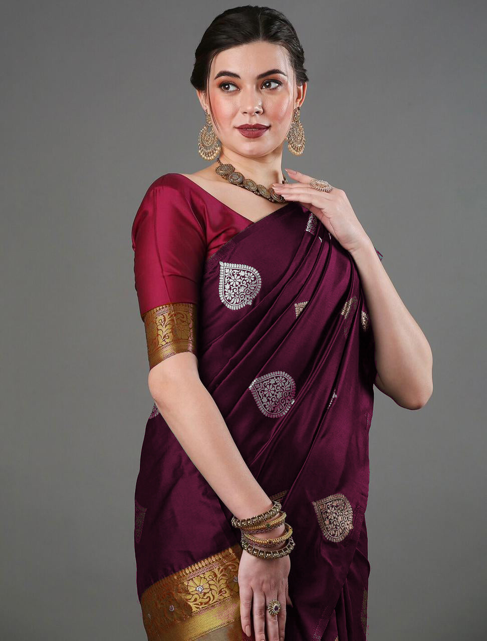 Elegant Wine Silk Saree with Zari Motifs & Rich Copper Border