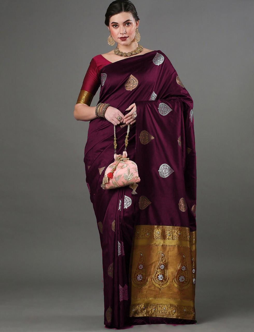 Elegant Wine Silk Saree with Zari Motifs & Rich Copper Border