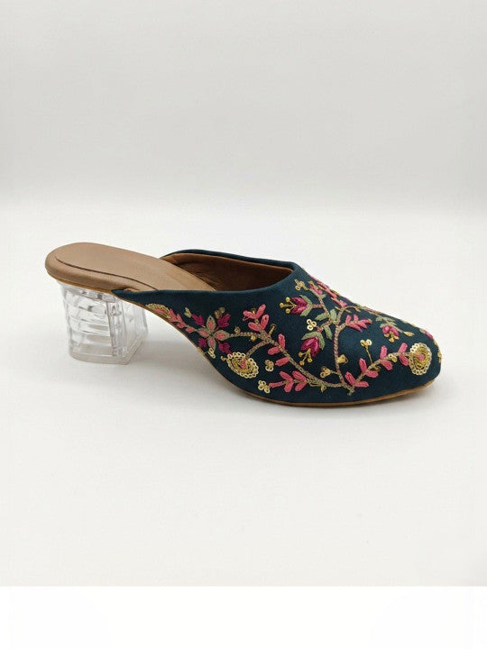 Women's Teal Floral Embroidered Transparent Block Heel Mule Sandals