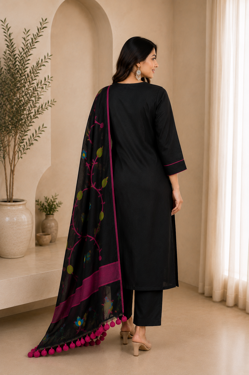 Black Printed Kurta Pant Set with Designer Dupatta