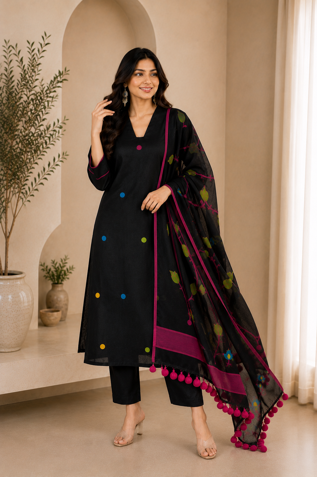 Black Printed Kurta Pant Set with Designer Dupatta