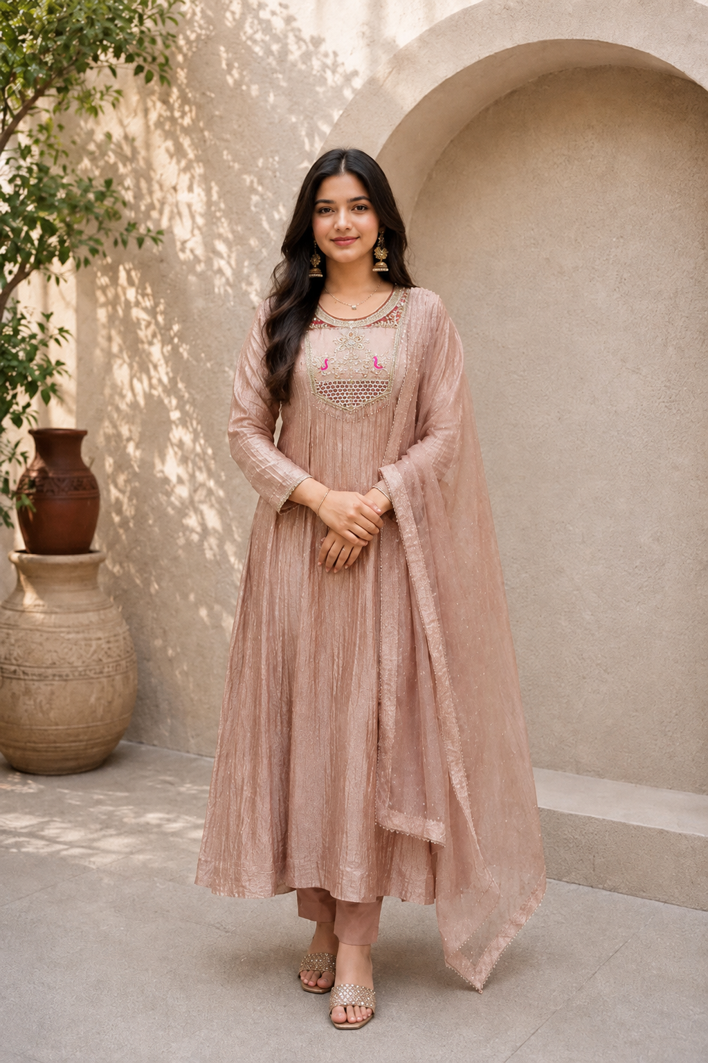 Premium Blush Pink Embroidered Anarkali Kurta Set with Dupatta