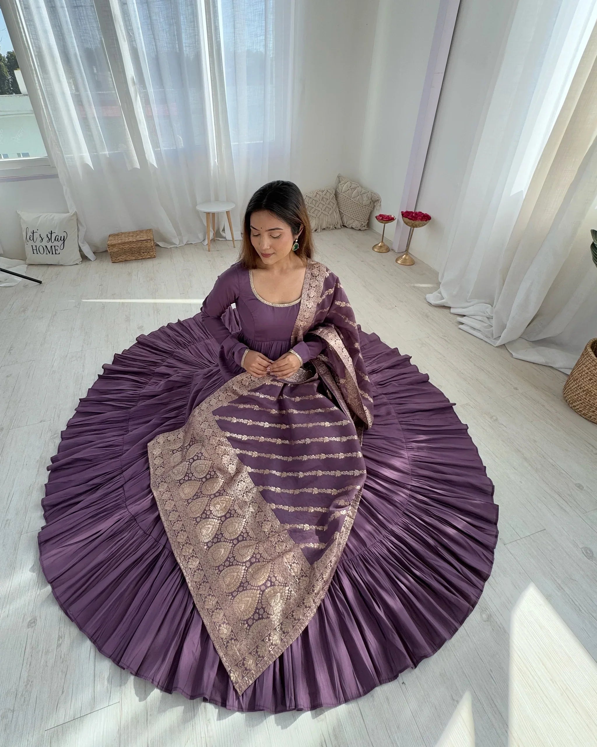 Mauve Purple Silk Gown With Jacquard Banarasi Dupatta