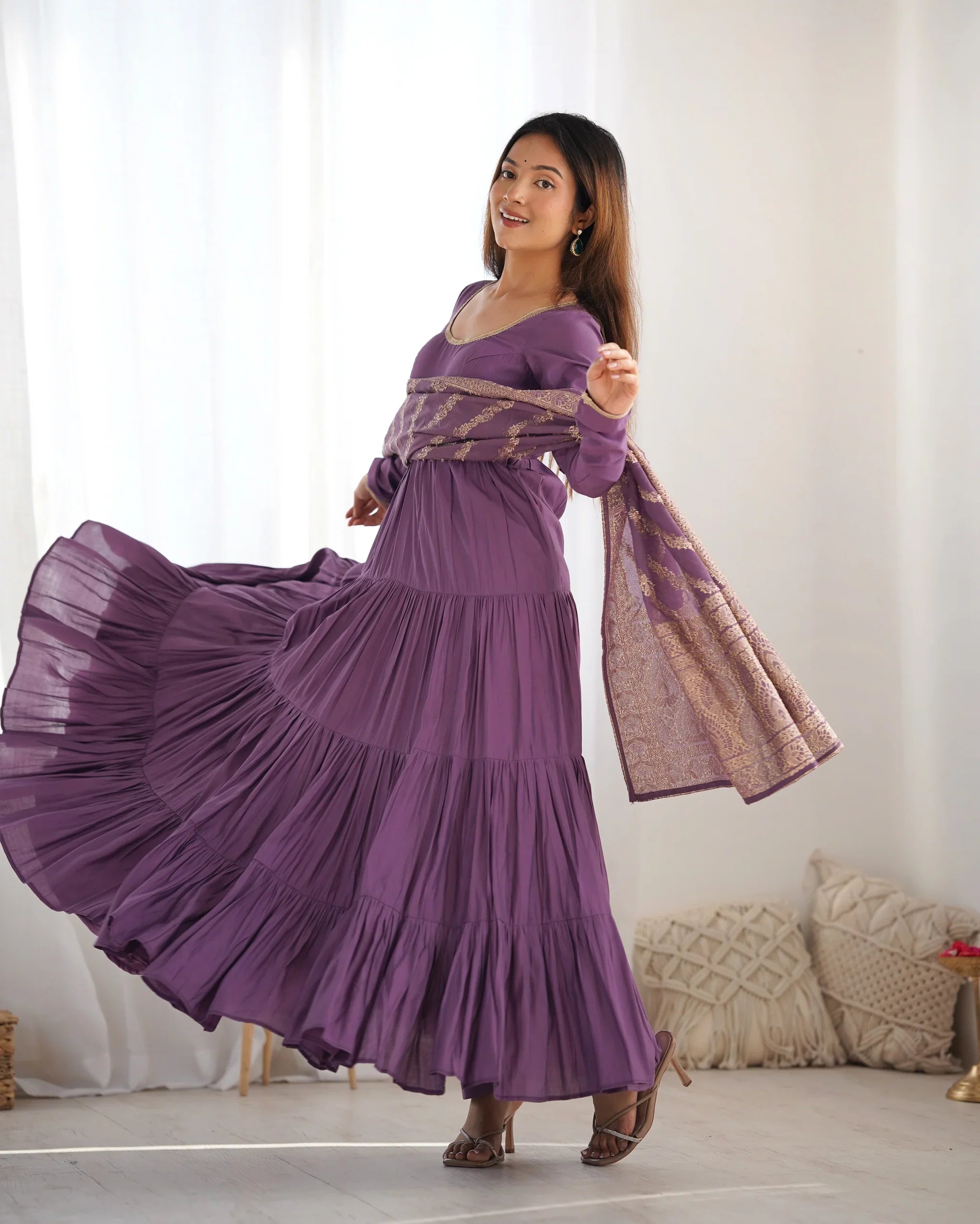 Mauve Purple Silk Gown With Jacquard Banarasi Dupatta