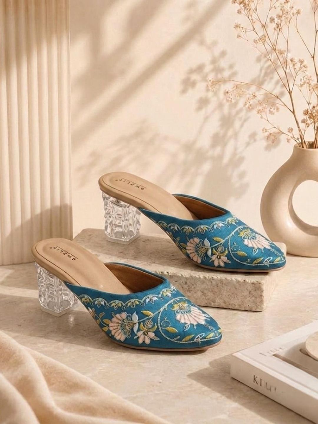 Women's Blue Floral Embroidered Transparent Block Heel Mule Sandals