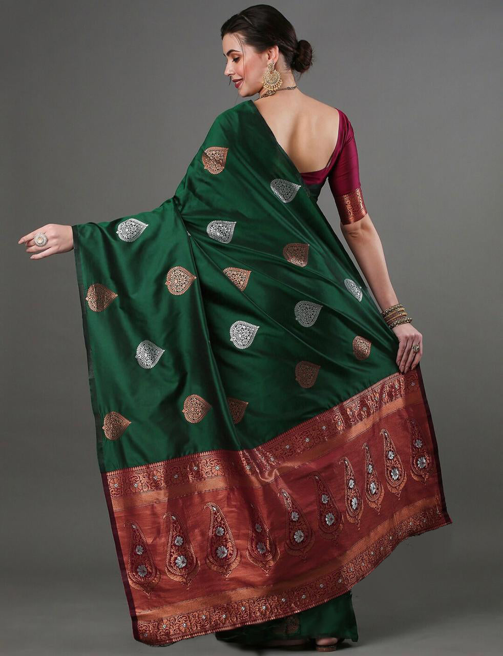 Elegant Green Silk Saree with Zari Motifs & Rich Copper Border
