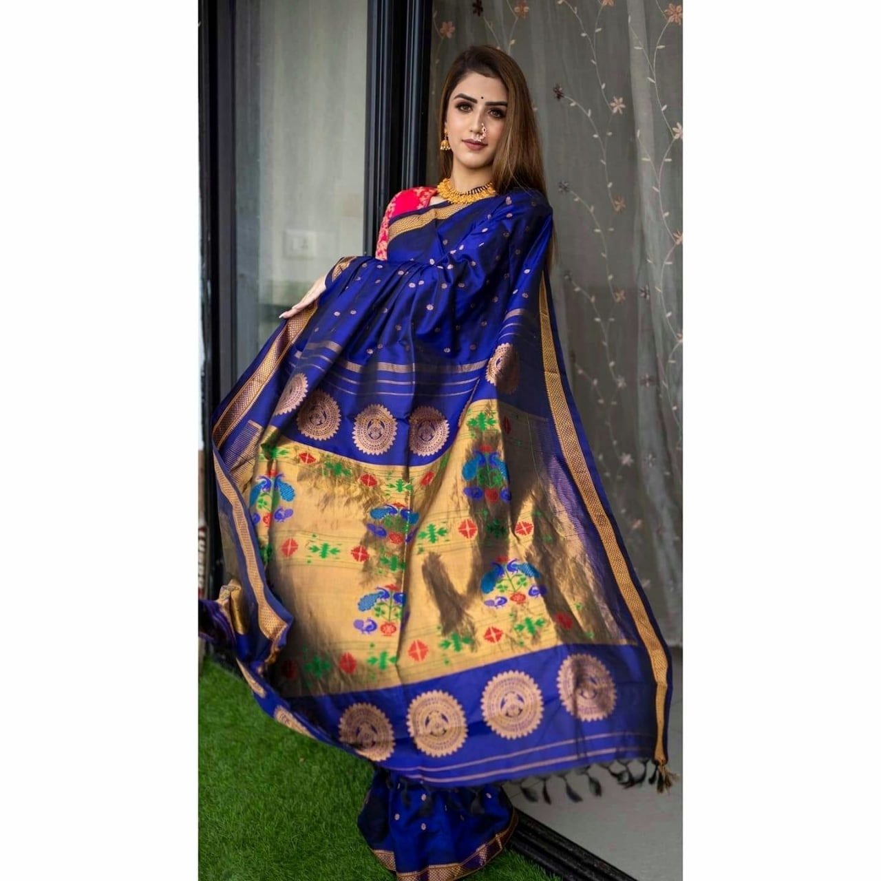 Designer Royal Blue Paithani Silk Saree With Flameboyant Blouse Piece