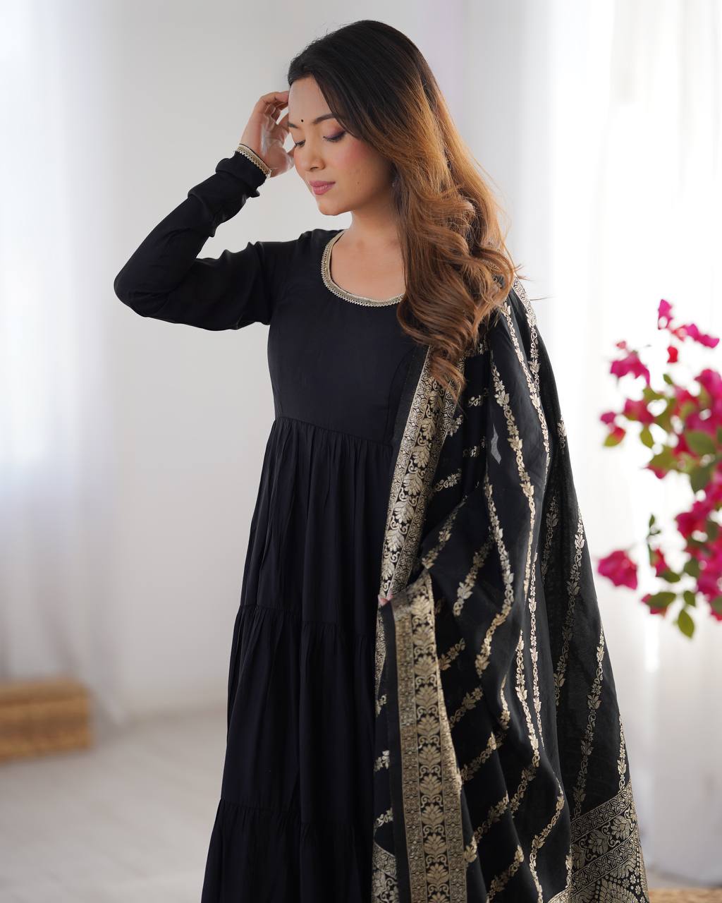 Black Silk Gown With Jacquard Banarasi Dupatta