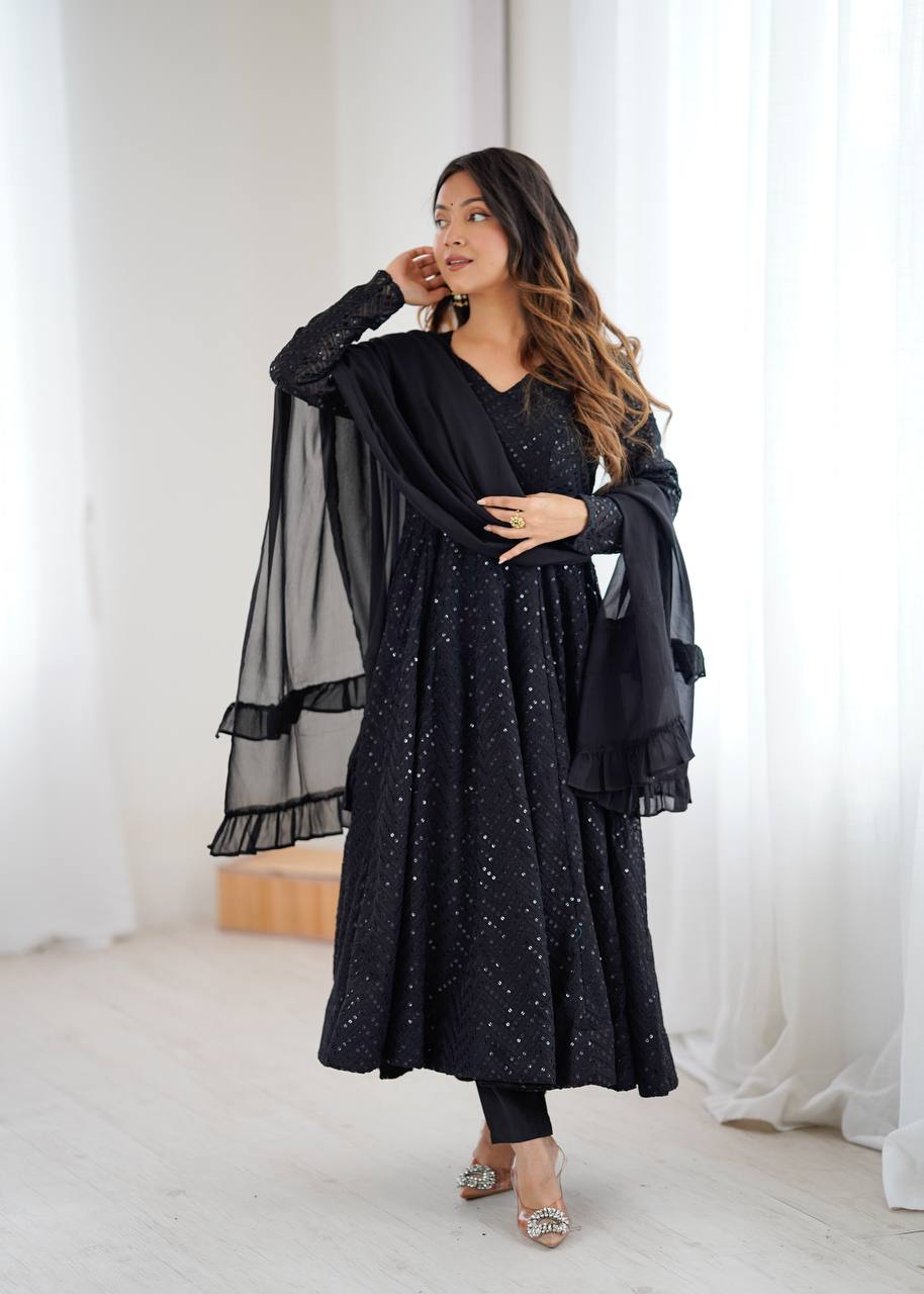 Black Sequined Anarkali Suit Set with Dupatta – Elegant Party & Festive Wear