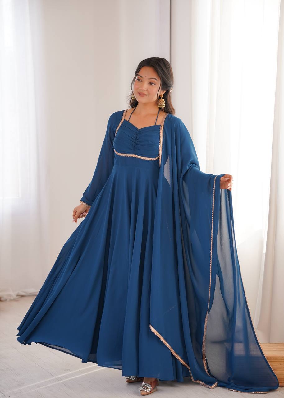 Elegant Teal Blue Anarkali Suit Set with Dupatta – Festive & Party Wear