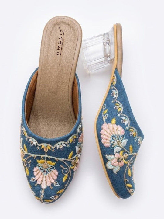 Women's Blue Floral Embroidered Transparent Block Heel Mule Sandals
